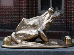 golden frog on fountain