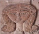 goddess w cow ears abu simbel * Relief of godess Hathor's head, complete with cows ears. The Queen's temple was dedicated to Hathor and a relief like this head each square column in the main hall.  Abu Simbel. * 432 x 385 * (51KB)