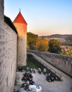 bikes tower evening * The bikes at the Left Lane club meeting alongside the castle wall and tower. * 320 x 406 * (49KB)