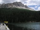 lunch at lago di misurina * We ate lunch at the small restaurant where the yellow umbrellas are.  A very small place in comparison to the size of the lake and mountains. * 432 x 323 * (48KB)